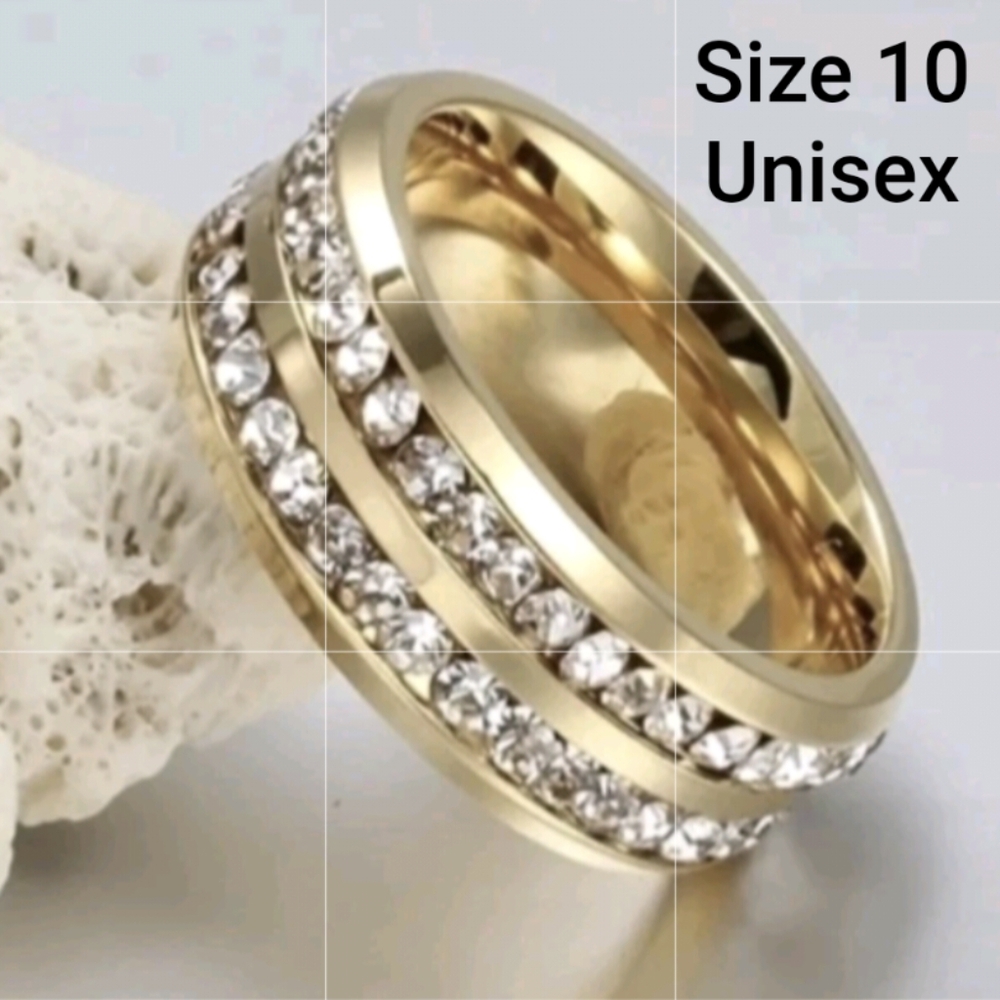 Sleek Stylish Brilliant Stainless Steel Rhinestone Promise Band/Ring Unisex Sz10